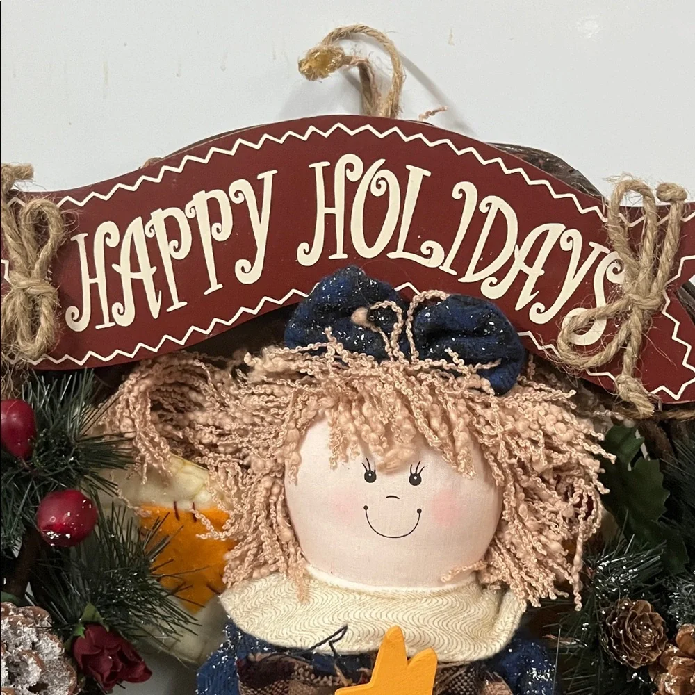 Festive Holiday Wreath with Doll - Blue and Red